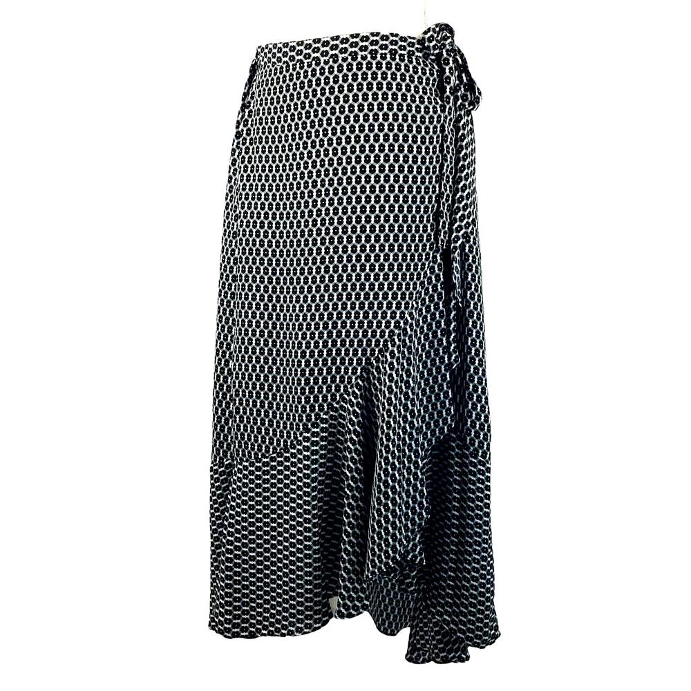 Max Studio Side Tie Asymmetrical Ruffled Hem Black Green White Maxi Skirt L